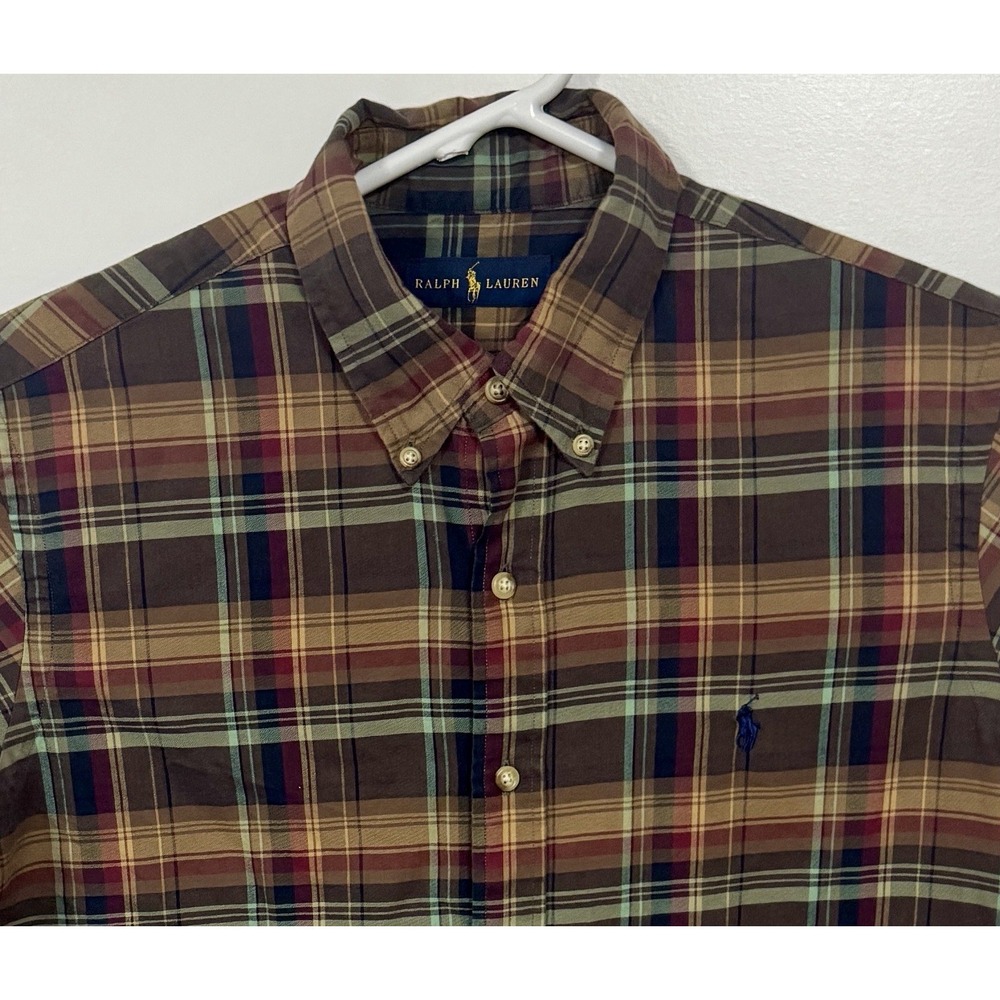 Men's RALPH LAUREN Earth Tones Plaid Button Up Long Sleeve Brushed‎ Shirt Sz LG